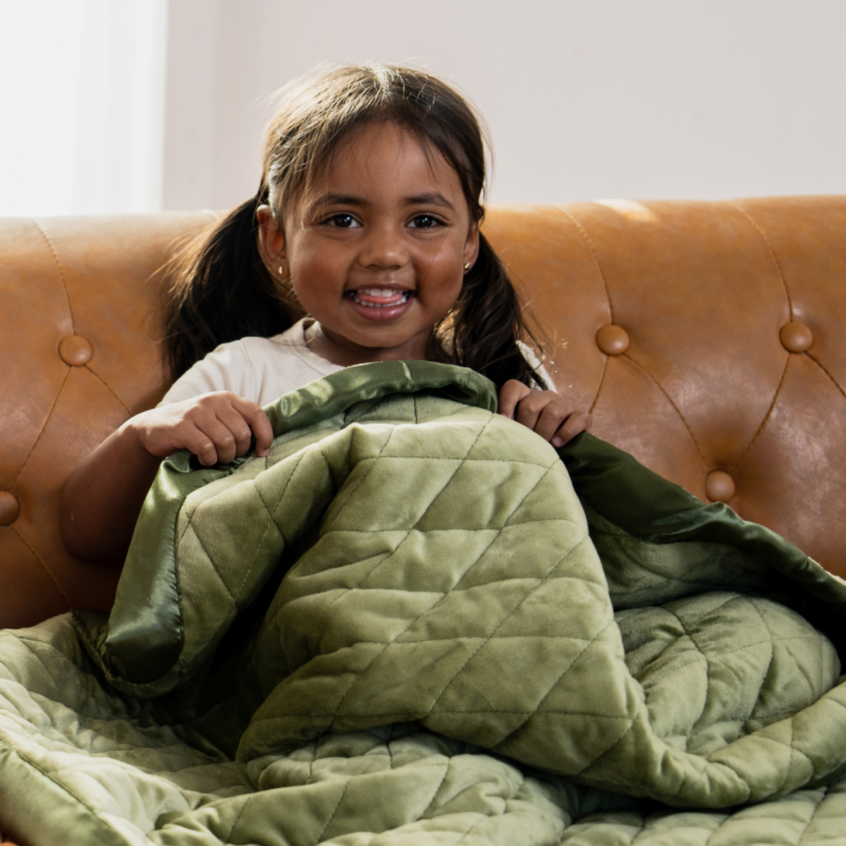 Olive Green quilted weighted blanket with diamond pattern 