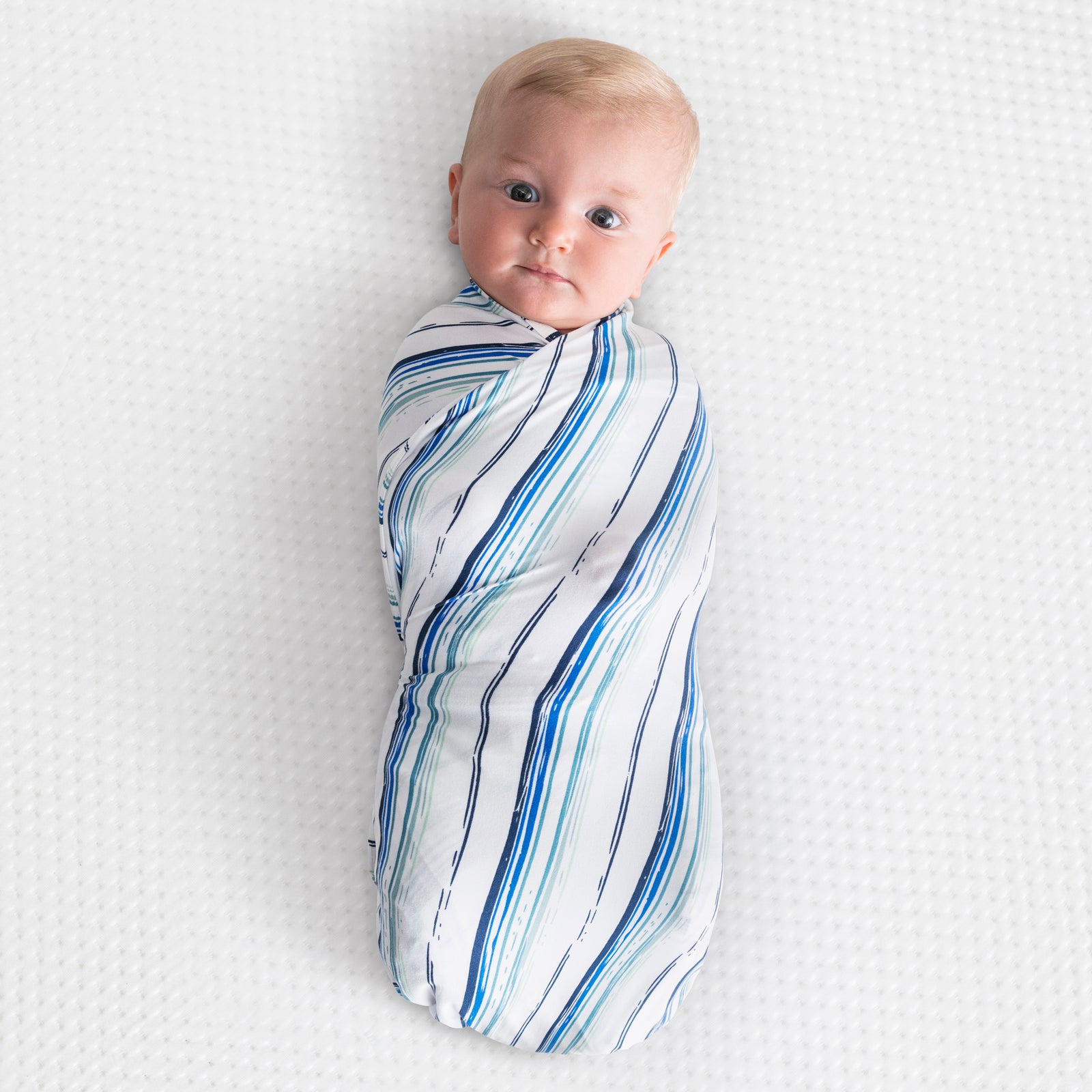Blue and white striped swaddle blanket for babies on a white background