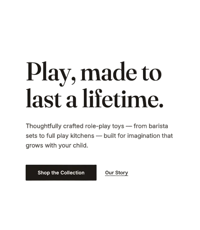Promesa Kids brand graphic with the tagline 'Play, made to last a lifetime.' on a warm off-white background, with smaller descriptive text and two buttons reading 'Shop the Collection' and 'Our Story'.