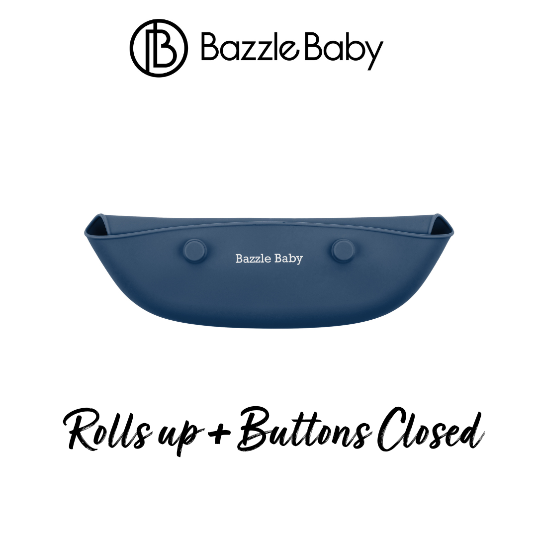 2 - pack of silicone baby bibs with food catching pocket in navy & grey.