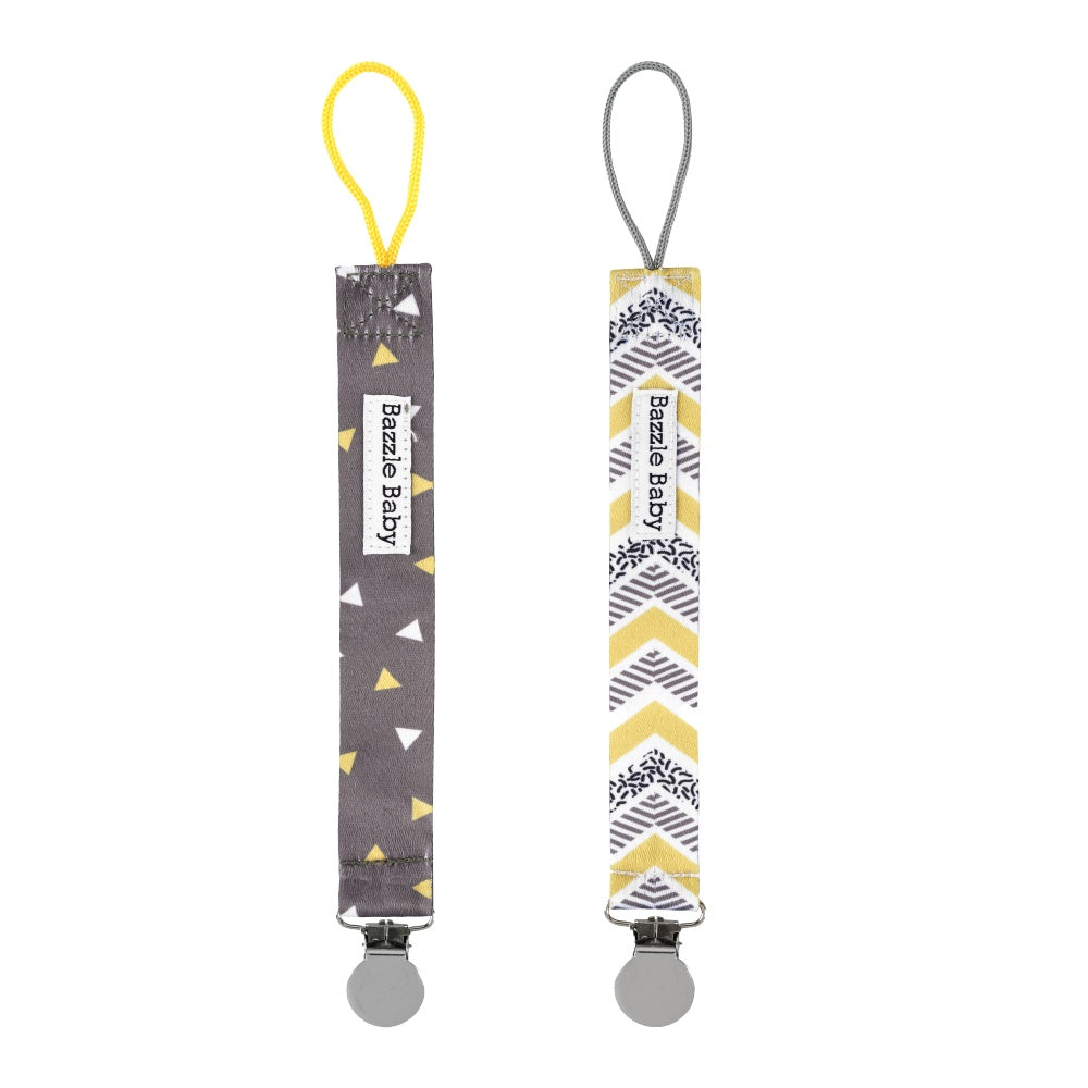 Bazzle Baby Paci Loop attaches pacifiers to bibs and onesies. Grey and white triangles.