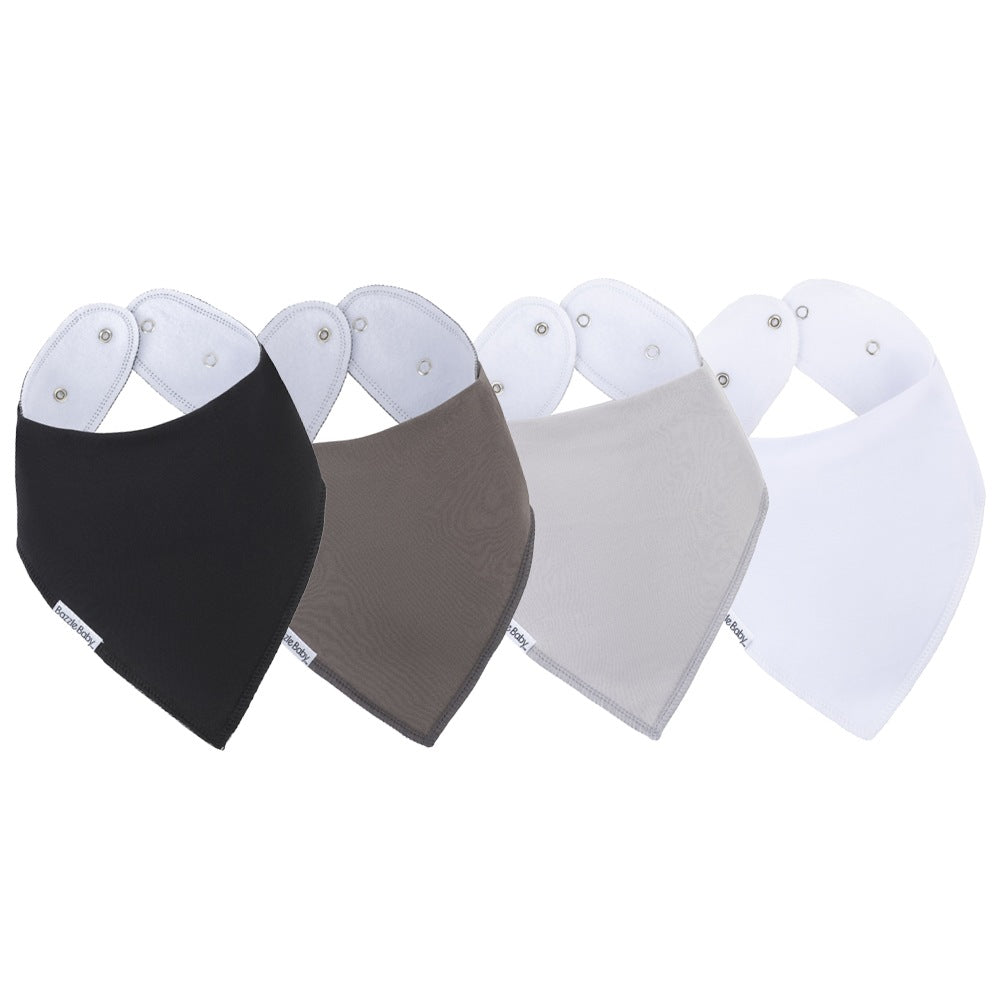 Bazzle Baby bandana bibs in black, grey and white.